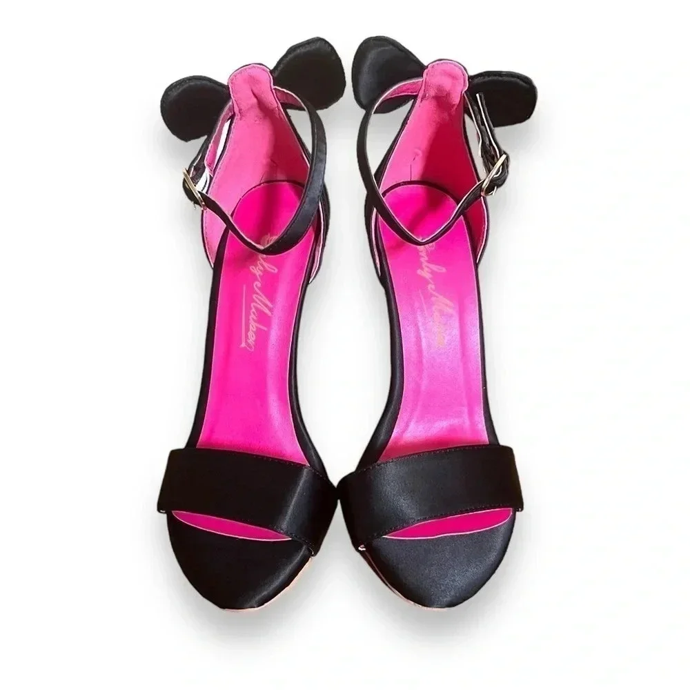 NEW Only Maker Bow Mouse Ears Satin Black Pink Stiletto Heels Size 37 (US 6.5-7)